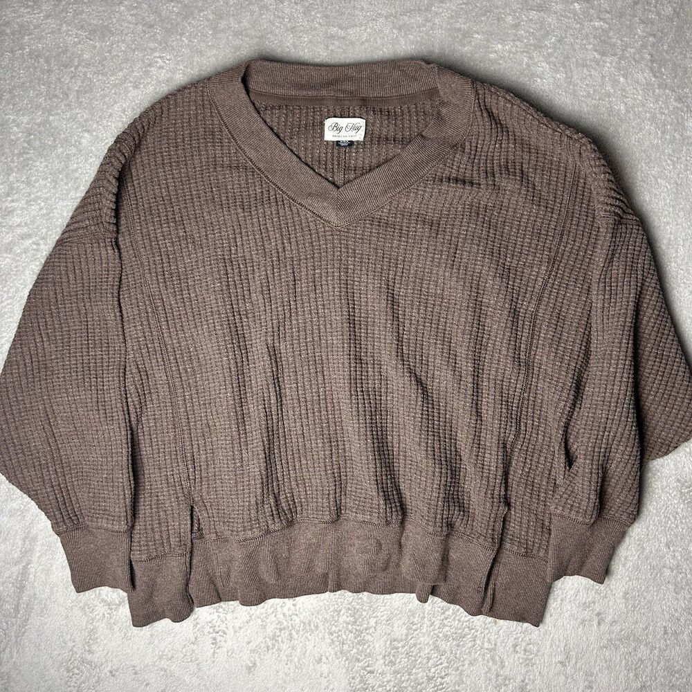 American eagle Big Hug Oversized Sweater Brown Waffle Knit, V-Neck, Size Medium